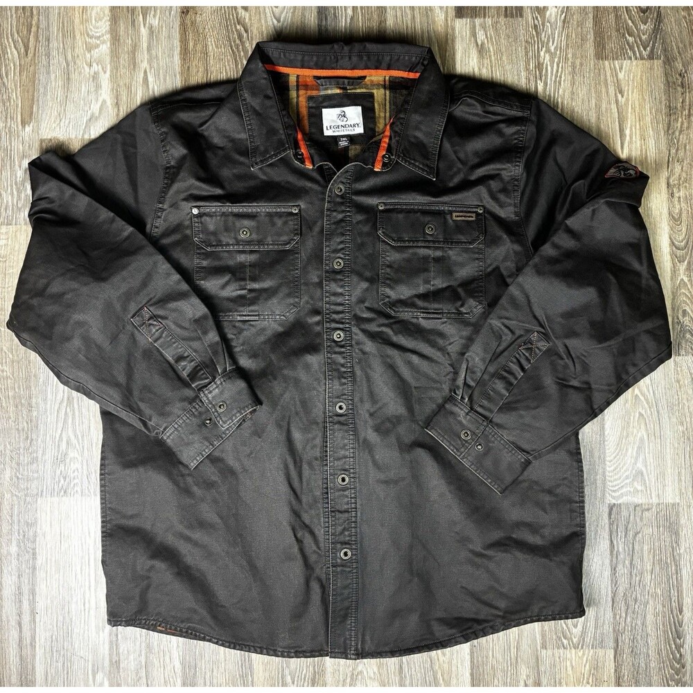 Legendary Whitetails Shirt Jacket Mens 2XL - XXL Gray Flannel Lined Plaid Snap